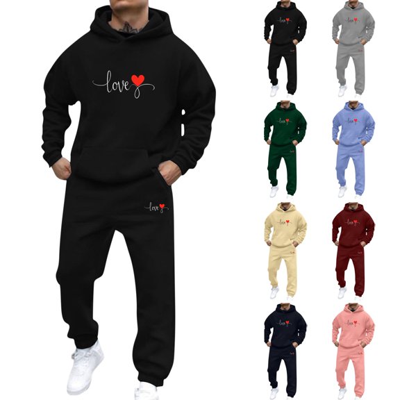 Afuyipoi Men Valentine's Sweatsuit Two - Piece Sets, Elastic Waist Printed Outfit with Pockets Long-Sleeve Hooded Set Blue L