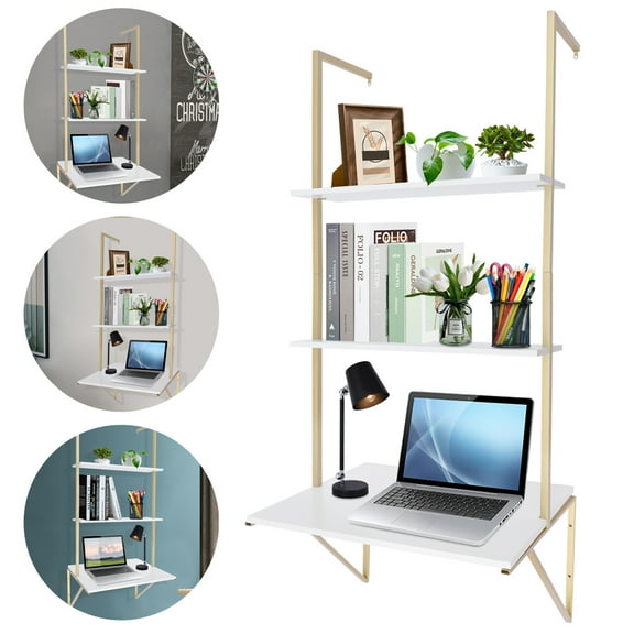 Modern 3 Layers Table Shelf Computer Laptop Desk Ladder Desk Wall Mount Floating Computer Desk Table with Bookshelf  Writing Table for Home Office