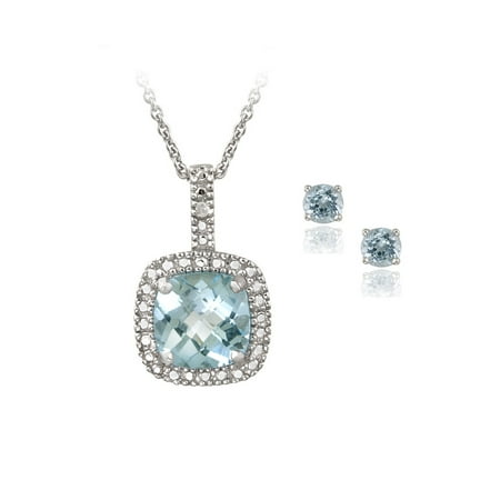 Silverspeck Sterling Silver 4ct Blue Topaz Diamond Accent Square Sterling Silver 4ct Blue Topaz Diamond Accent Square Necklace Earrings Set