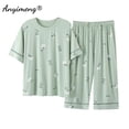 thumbnail image 3 of Conjunto de pijama hasta la pantorrilla para mujer, ropa de dormir de talla grande, Modal, con estampado a la moda, hasta la rodilla, de verano, 3 of 4
