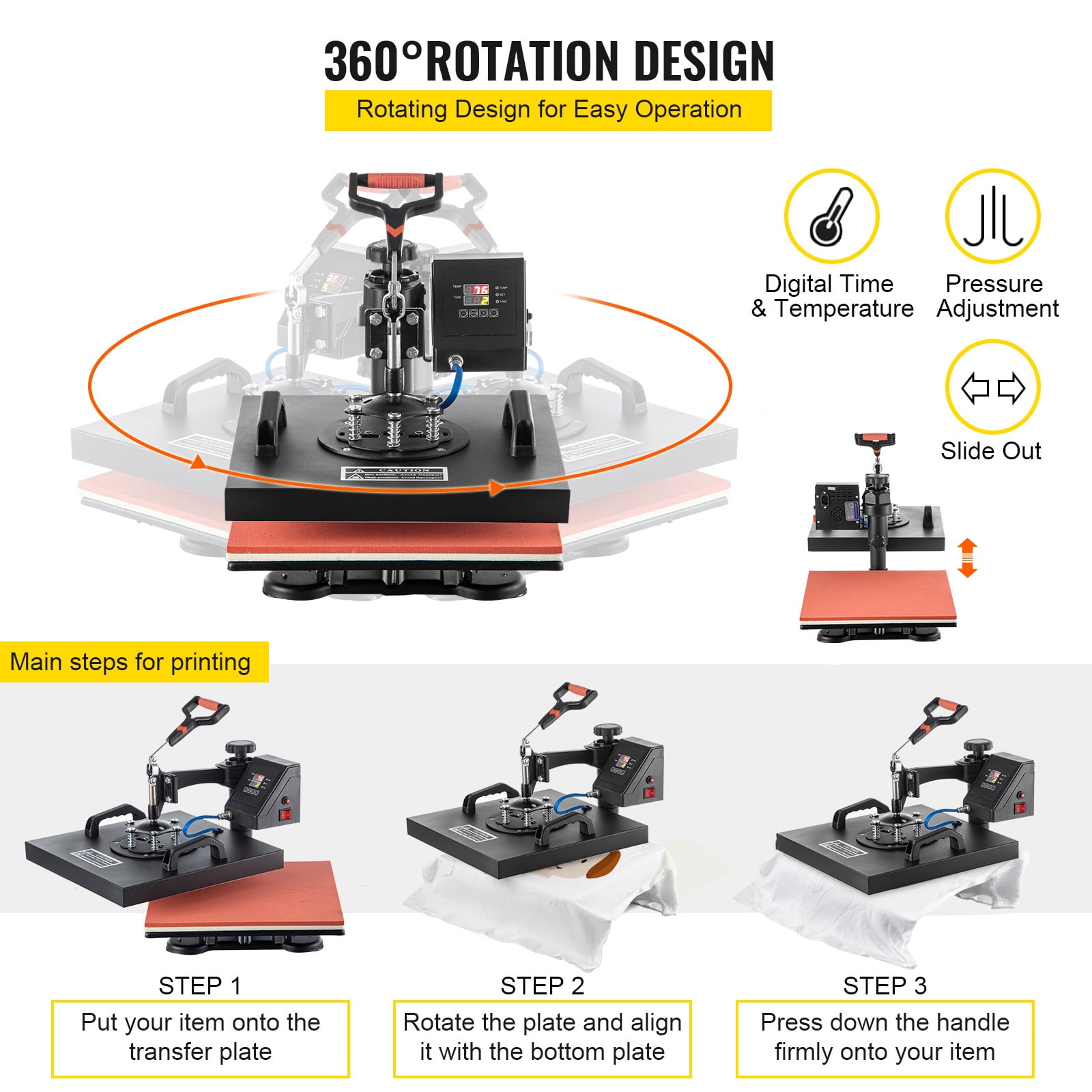 SKYSHALO 5 in 1 Heat Press, 15x15 Inch Multifunctional Clamshell Printer, Digital Panel Heat Press Transfer Machine, 360° Swing Away Sublimation Machine for T-shirt Hat Cap Mug Plate Bag