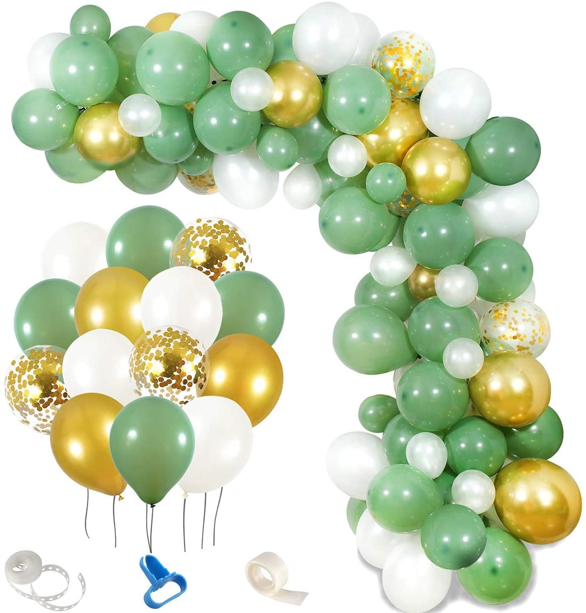 Sage Green Balloon Garland Kit,Pearl White Gold Confetti Balloons for