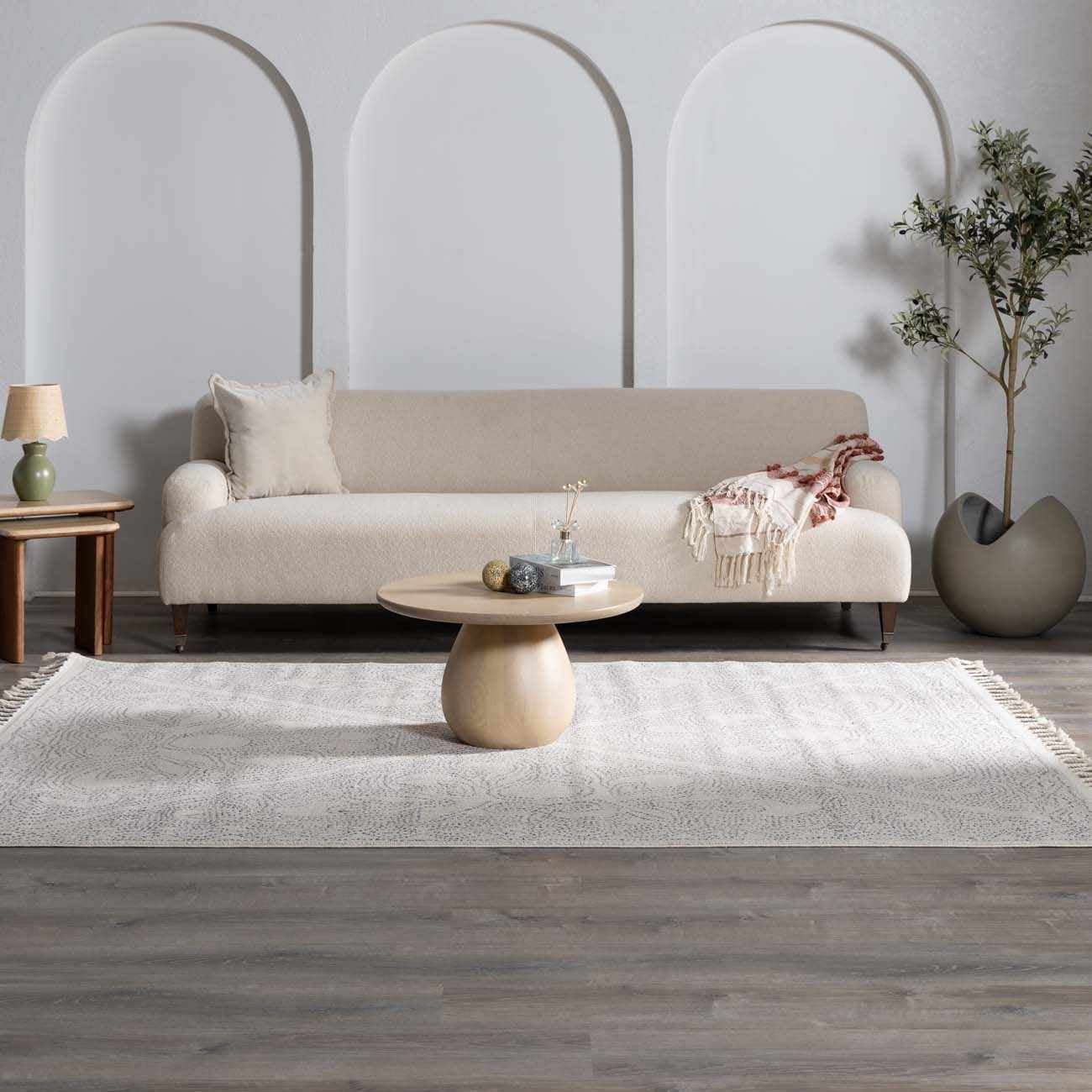 Hauteloom Birdwood Moroccan Farmhouse Hallway Entryway Runner Rug - Bohemian Long Carpet with Tassel - Boho Dot Pattern - Modern Minimalist Look - Beige, Cream, Gray - 2'7" x 7'3"