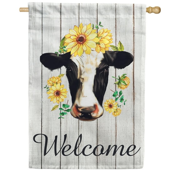 America Forever Welcome Happy Cow Sunflower Summer House Flag 28 x 40 inches Country Farm Life Rustic Cattle Yellow Floral Double Sided Seasonal Yard Outdoor Decorative Farm Animal House Flag