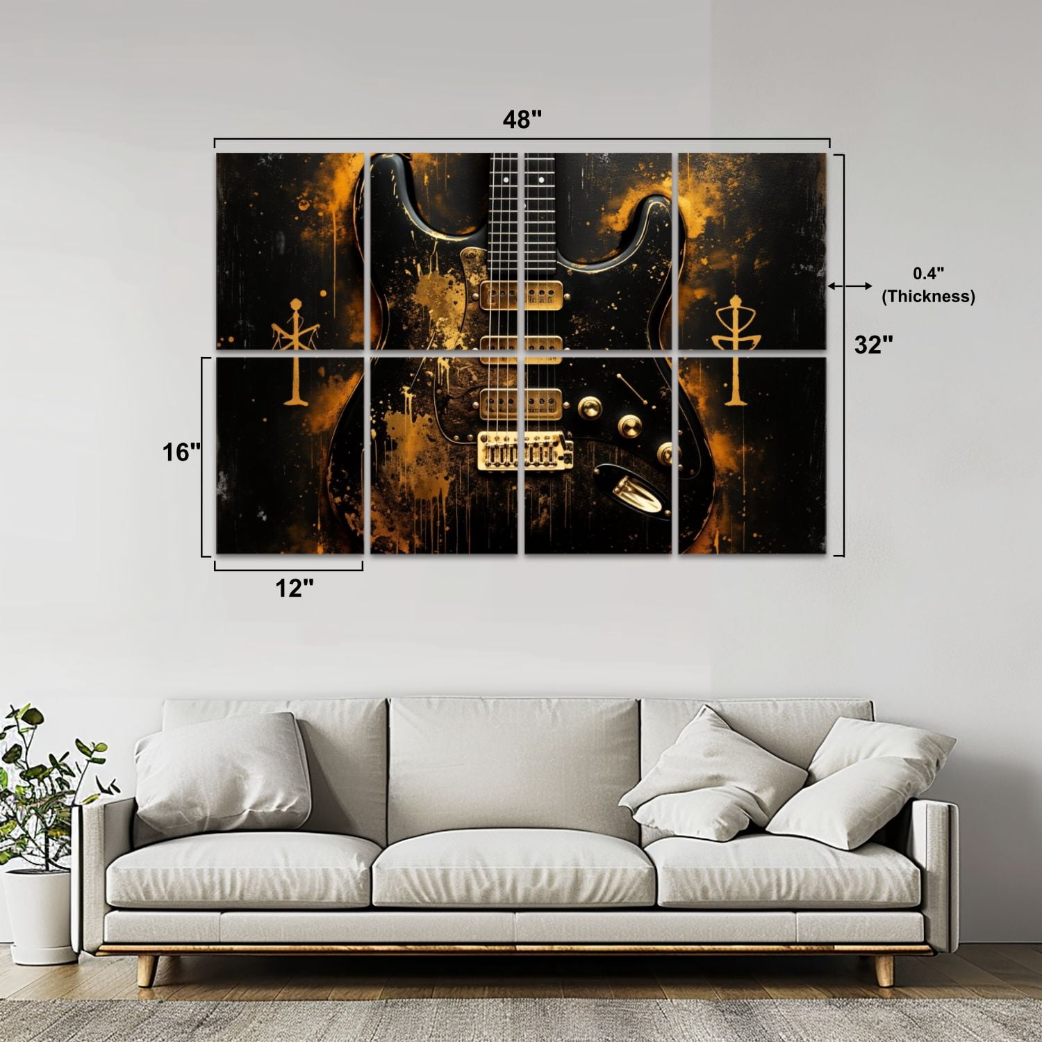 Musical 8 Pack Art Acoustic Panels Sound Absorbing Gold Splattered Black Electric Guitar Symbolic Markings Decorative Soundproof Wall Panels Self Adhesive for Game Room Music Classroom 48"x32"