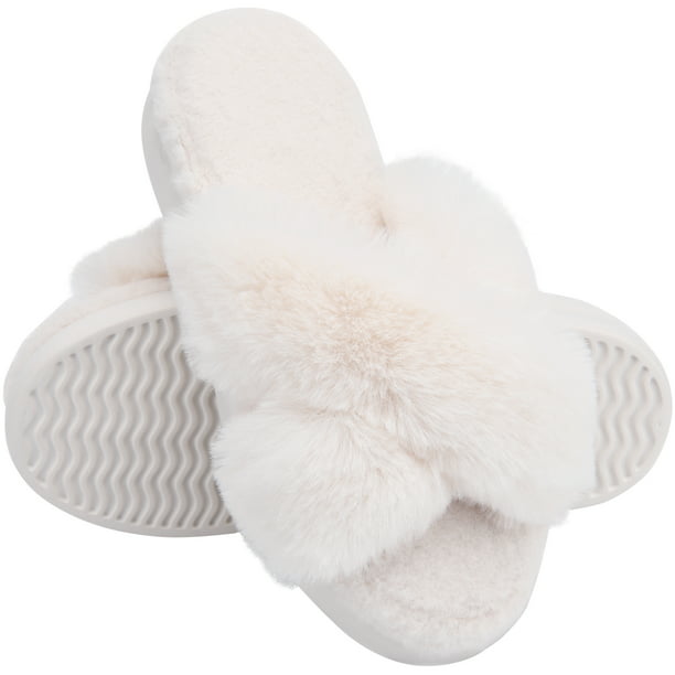 LORDFON Fluffy Open Toe Slippers for Women,Fuzzy Furry Cross Band ...