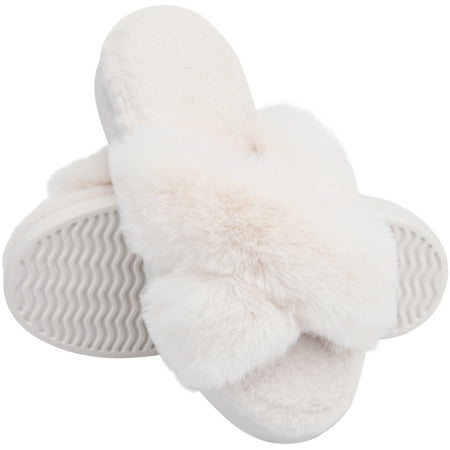 

LORDFON Fluffy Open Toe Slippers for Women Fuzzy Furry Cross Band Memory Foam Bedroom Plush House Womens Slippers