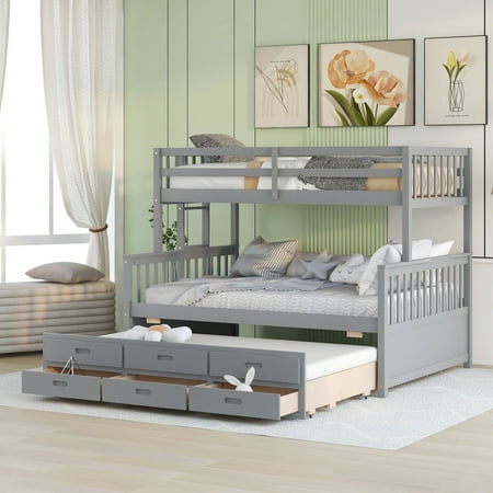 KUIKUI Twin Over Full Bunk Bed with Twin size Trundle   Separable Bunk Bed with Drawers for Bedroom Gray