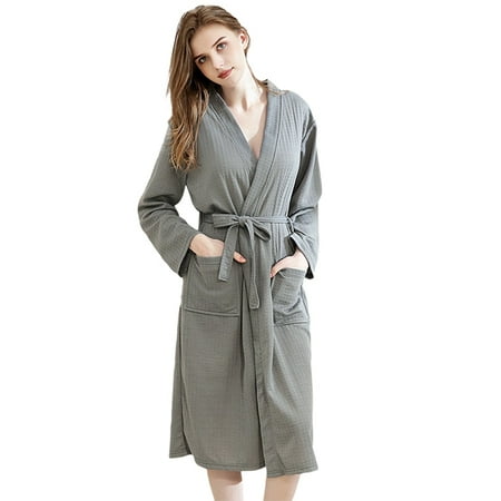 

Women s Lightweight Waffle Plaid Bathrobe Plus Size Knee-length Terry Kimono Short Bathrobe 3/4 Sleeve Loose Comfy Robe Sleepwear with Front Pockets Casual Loungewear S-XL Gray