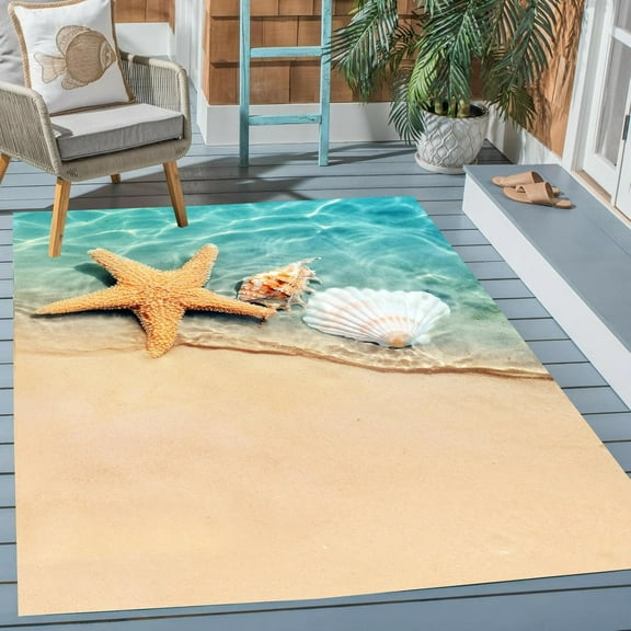 Star Fish and Shell Coastal Beach Theme Indoor Outdoor Area Rug 2'x3' No-Slip Washable Patio Deck Backyard Balcony Floor Carpet Livingroom Bedroom Kitchen Rug Mat