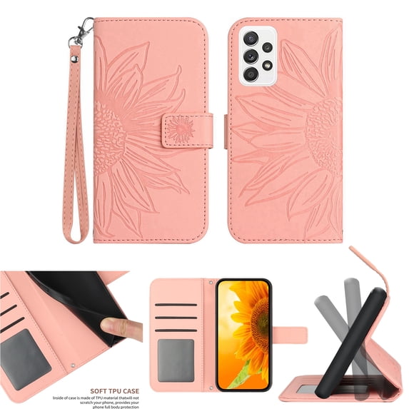 Case Compatible with Samsung A73 5G, Embossed Patterned Premium Synthetic Leather Magnetic Buckle Wallet Card Slot Kickstand Wrist Strap Phone Cover For Samsung Galaxy A73 5G, Pink