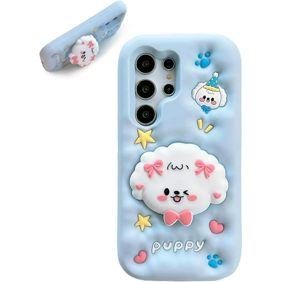 Kawaii 3D Cartoon Silicone Dog Phone Case with Stand and Grip for Samsung Galaxy S23 Ultra, Perfect for Kids, Girls, Boys, Teens, and Women