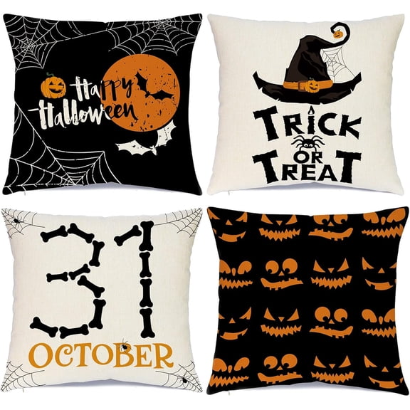 Halloween Decorations Throw Pillow Covers Set of 4 Happy Halloween Pillow Case Black & Orange for Cushion Sofa Bed Outdoor Decor, 20 x 20 Inches
