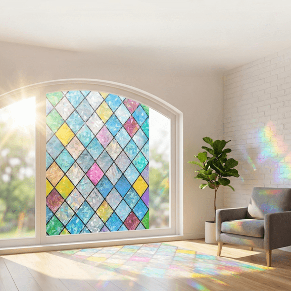 Stained Glass Window Film, 11.8" x 39.4" Privacy Decal, Colorful Check Pattern,Anti UV Rainbow Glass Sticker for Home Decor
