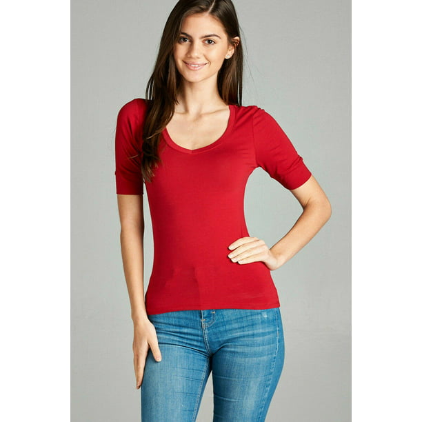 Women's Basic Elbow Sleeve V-Neck Short Sleeve T-Shirt Stretchy Top ...