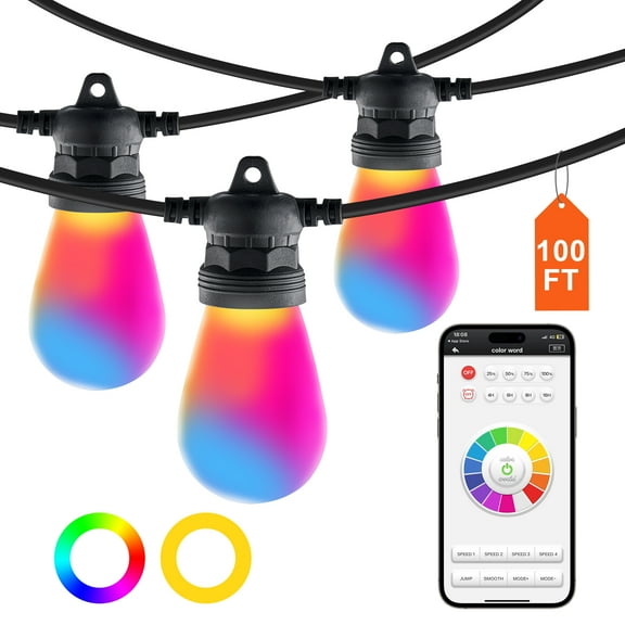 KFFKFF 100FT RGB Outdoor String Lights with APP Control, Adjustable Brightness, Timer Function, Waterproof Hanging Lights for Patio, Halloween, and Christmas Decorations
