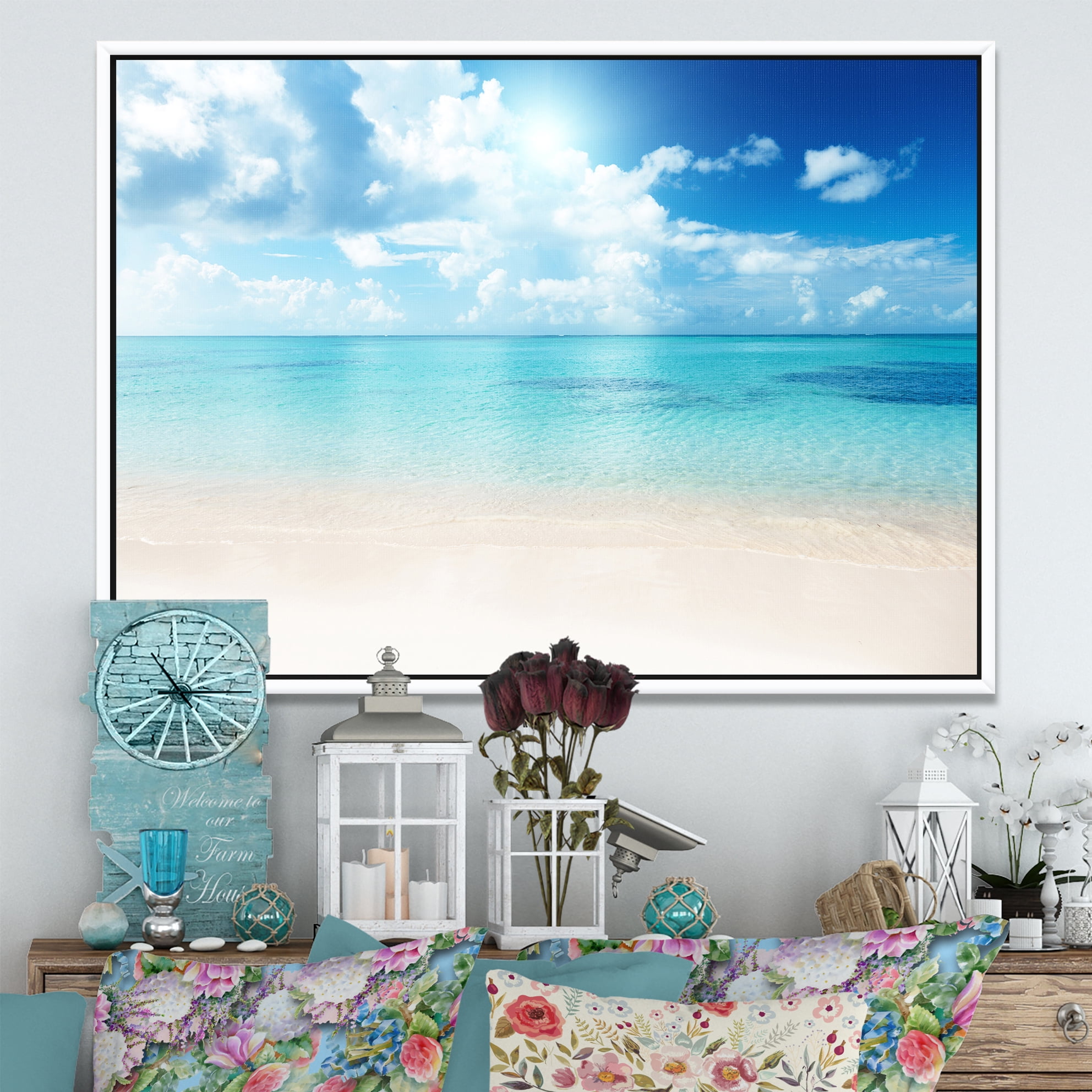 Designart ' Sand of Beach in Blue Caribbean Sea ' Modern Seascape Framed Canvas Artwork