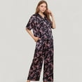 thumbnail image 3 of Women's Satin Button-Up Pajama Set with Short Sleeve Notch Collar Top and Wide Leg Pants in Ribbon Print - Small, Black, 3 of 7