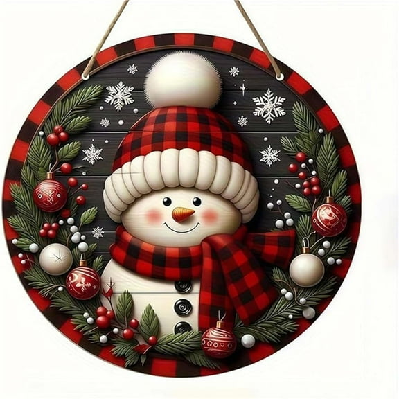Christmas Diamond Art Hanging Ornament, Buffalo Plaid Snowman Wooden Sign, Winter Rustic Surprise Wall Sign with Wreath Christmas Ball Snow, Village Round Double-Sided Ornament for Xmas Home Decor