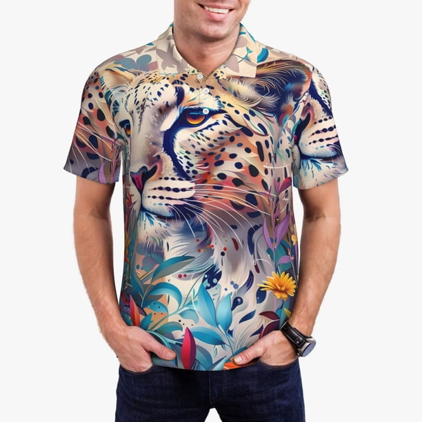 Balery Vibrant Leopard In Flowers Camisa Polo de Hombre con Estampado, de Manga Corta y Tejido Medio, Camisa Tipo Golf Polo-X-Large