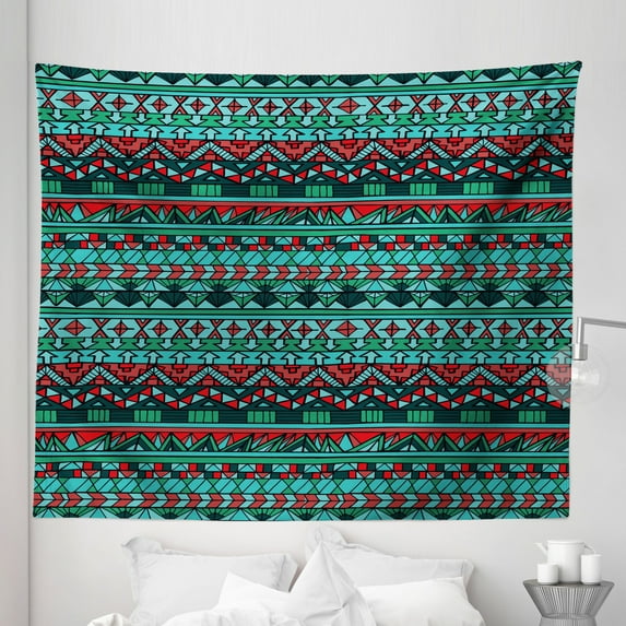 Tribal Tapestry, Hand Drawn Design Geometric Pattern with Sharp Shapes and Stripes, Fabric Wall Hanging Decor for Bedroom Living Room Dorm, 5 Sizes, Red Blue Teal, by Ambesonne