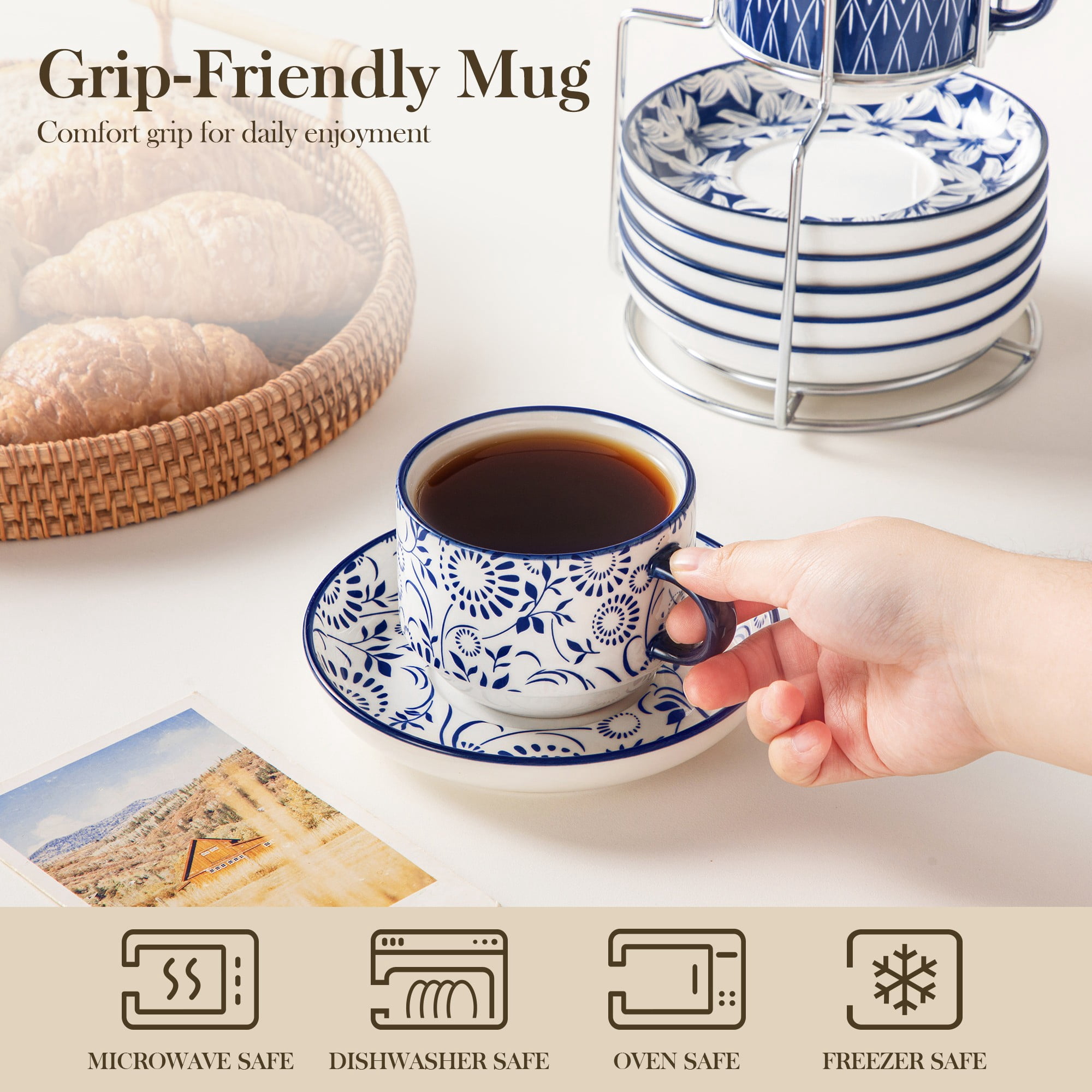 Malacasa Stackable Espresso Cups Set of 6, 8 oz Cappuccino Cups with Saucers and Rack, Coffee Mugs for Specialty Coffee Drinks, Latte and Tea