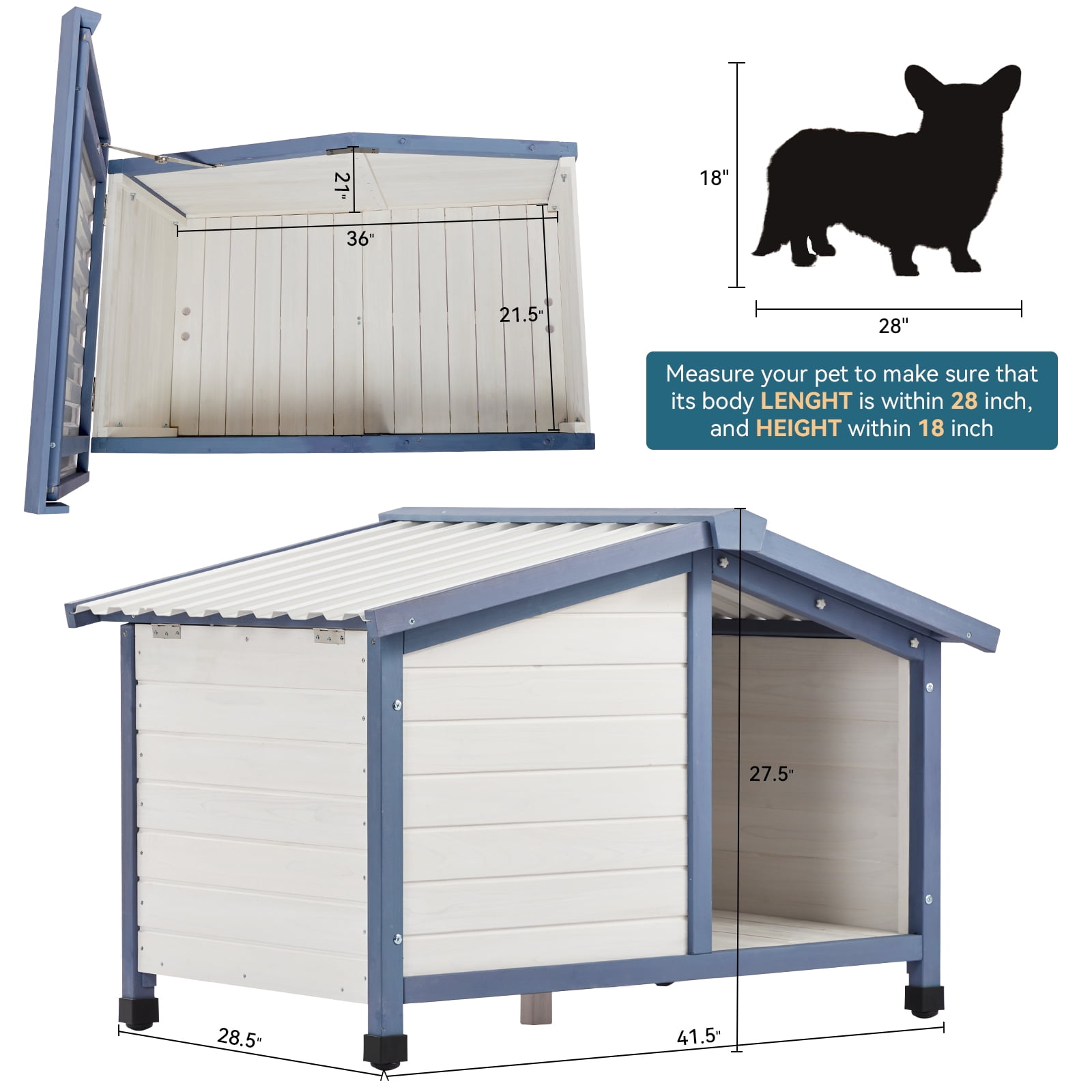 Petsfit Outdoor Dog House, Openable Asphalt Roof Dog House for Medium Dogs, Waterproof PVC Roof, White