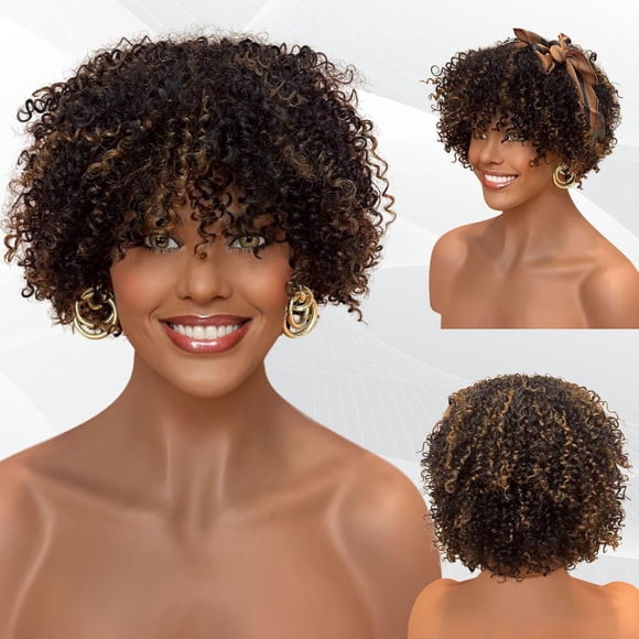 PinesC Kinky Curly Wig with Bangs Blonde Highlight Wigs 3C-4A Coily Curl Short Human Hair for Black Women Ready to Wear #1B/30 Blonde Highlight