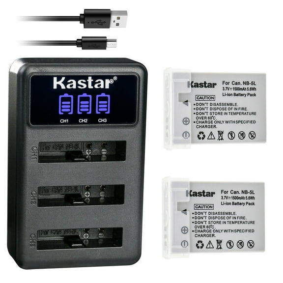 Kastar 2 Pack Battery and LCD Triple USB Charger Compatible with Canon NB-5L NB5L, NB-5LH NB5LH, 1135B001 Battery, CB-2LX CB-2LXE Charger, Digital IXUS 800 IS, Digital IXUS 850 IS, Digital IXUS 860 IS