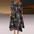 thumbnail image 2 of Halloween Dresses for Women Plus Size Casual Print Loose Hem Irregular V Neck Dress, 2 of 5