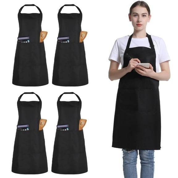 FunChaos Christmas 4 Pack Aprons for Women and Men, Adjustable Apron with 2 Pockets, Kitchen Chef Apron for Cooking, Black