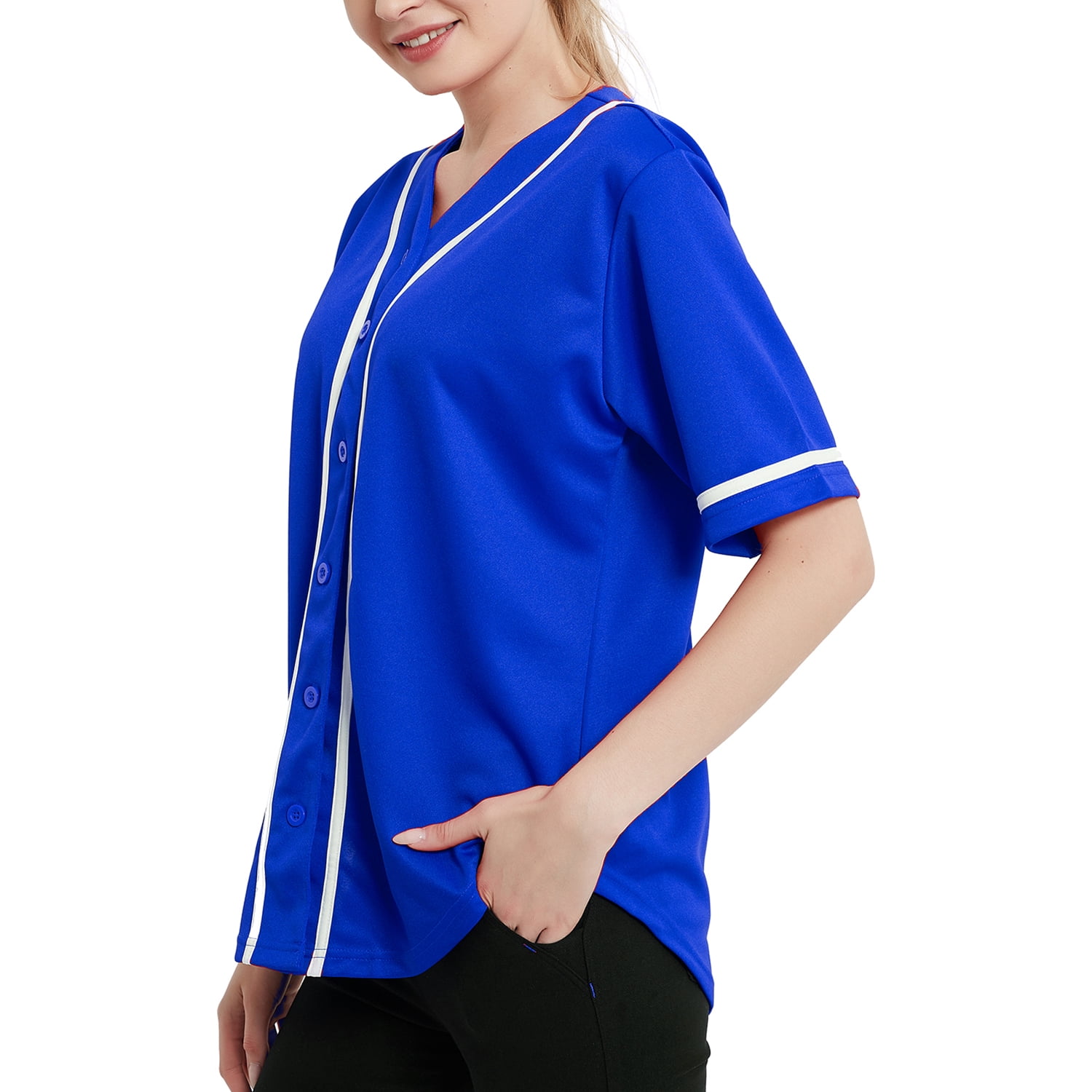TOPTIE Women's Baseball Jersey Hip Hop Hipster Button Down Baseball T-Shirt-Blue White-M