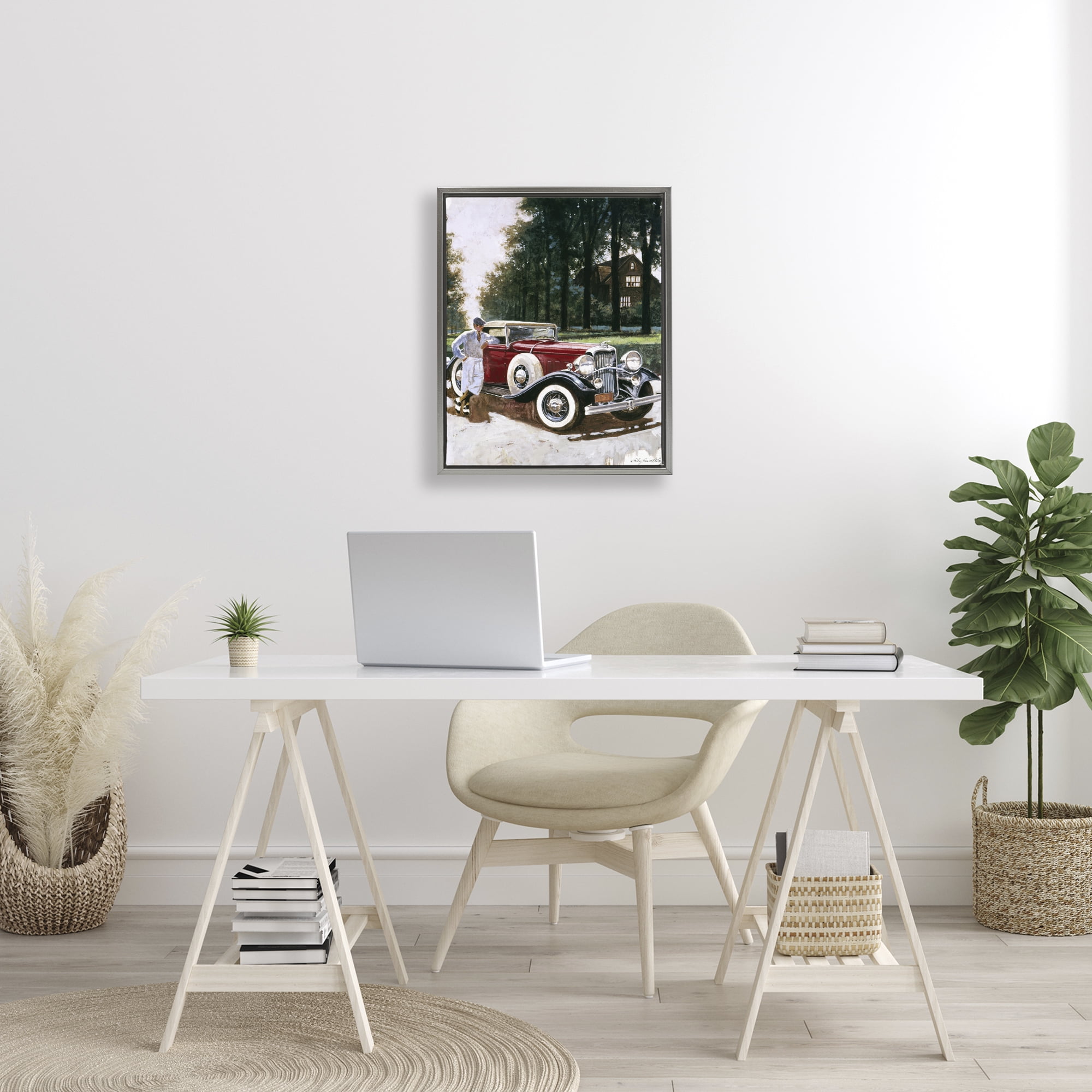 Retro Convertible Coupe & Driver Gray Framed Floater Canvas Wall Art, design by Wind River Studios