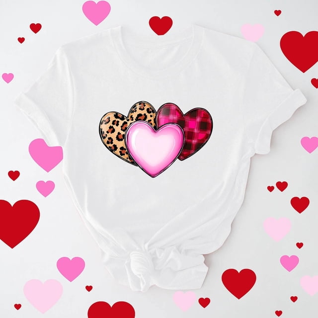 Leodye Cadeau de la Saint-Valentin pour Femmes, Manches Courtes, Col Rond, Coupe Ample, Trois Imprimés en Forme de Cœur, Blanc G(L)