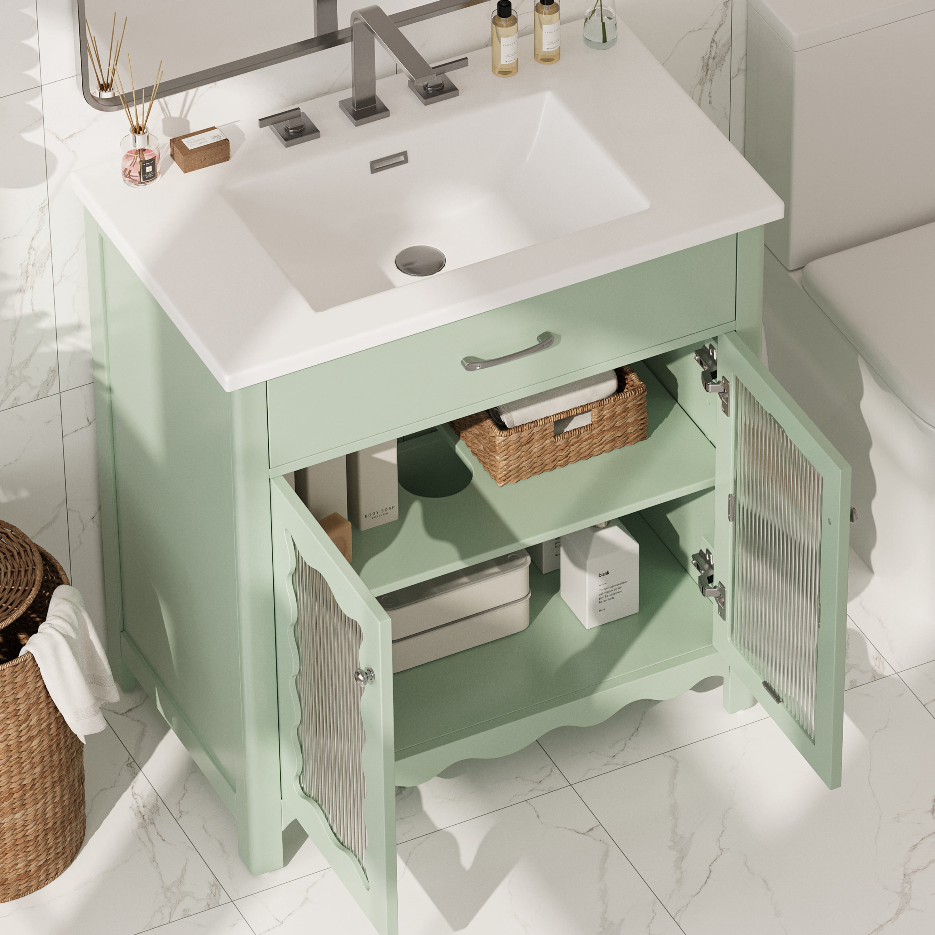 Euroco 31" Bathroom Vanity with Tempered Glass, Modern Bathroom Cabinet with Rubber Wood legs and Soft close Doors, Green
