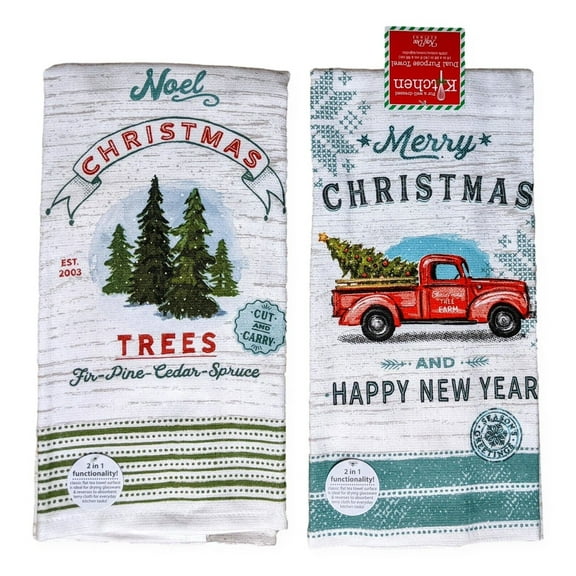 Set of 2 FARMHOUSE CHRISTMAS Truck & Tree Kitchen Towels by Kay Dee Designs