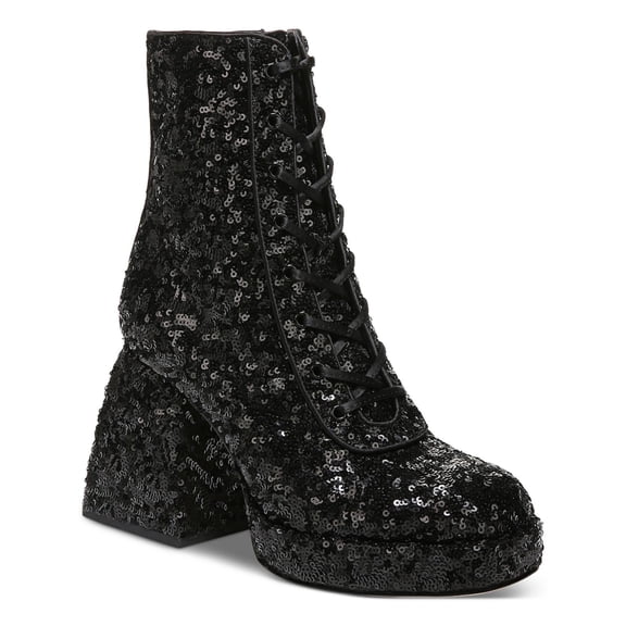 Circus By Sam Edelman Kia Sequin Black Lace Up Side Zip Block Heel Ankle Boots (Black, 8.5)