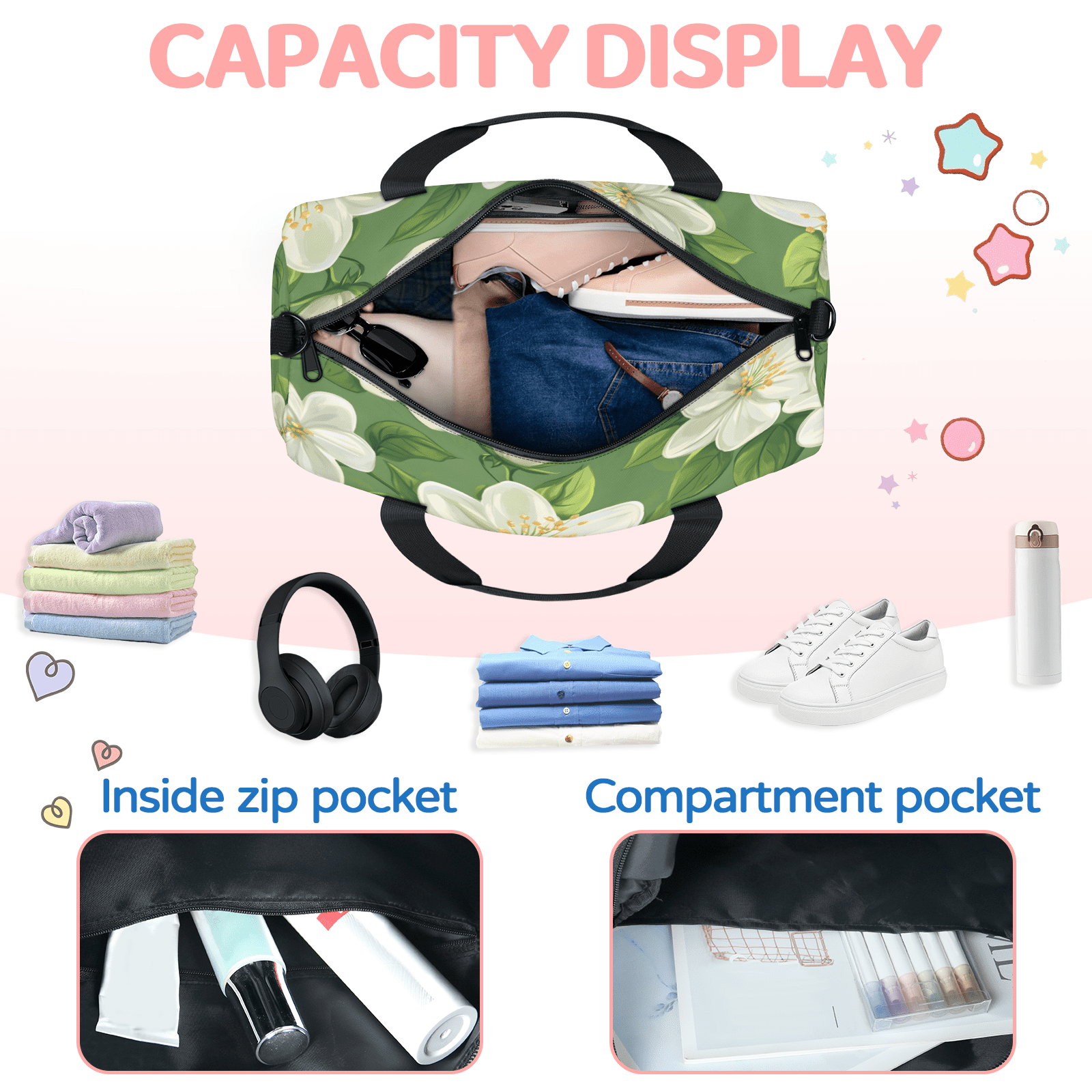 Herdesigns Sage Green Travel Duffle Bag Sports Yoga Weekender Overnight Carry on Workout Bags Lightweight Waterproof Gym Tote Bag for Women Floral