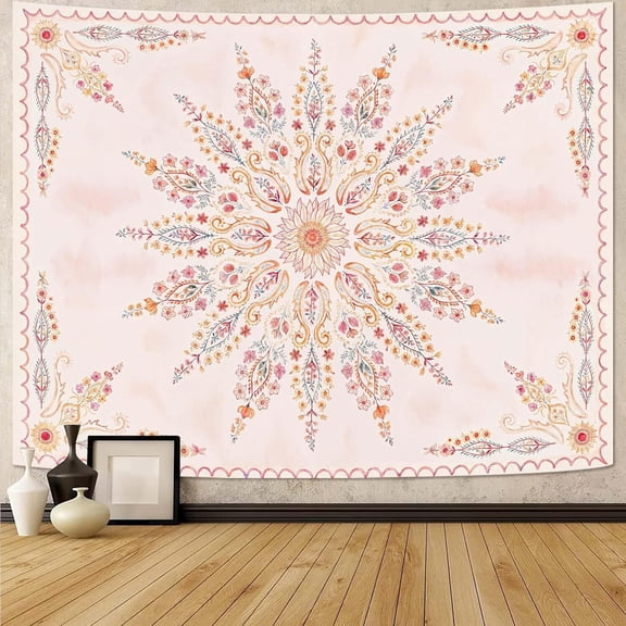 Boho Floral Mandala Tapestry for Bedroom Aesthetic Pink Bohemian Flower Wall Tapestry Watercolor Hippie Indian Small Tapestries Wall Hanging for Living Room Dorm Decor 40 x 30 Inch