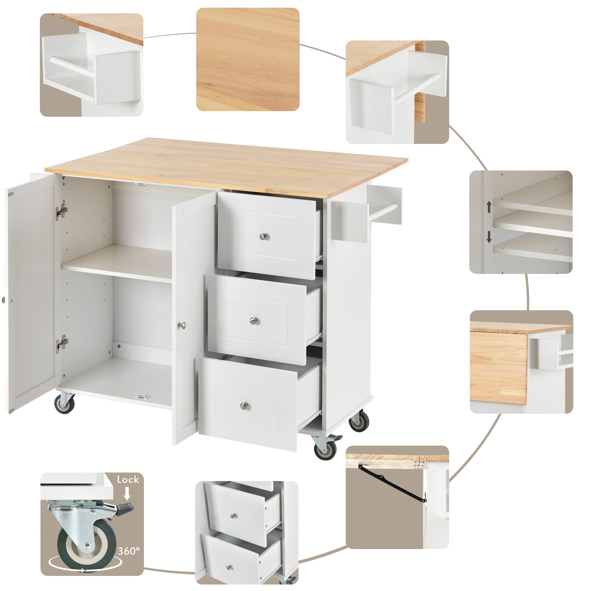Homy Casa 52.7" Rolling Kitchen Island with Solid Wood Top, Storage Cabinet, Drawers & Drop Leaf, White