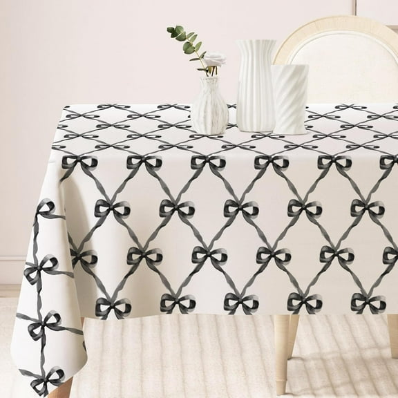 Black Bow Tablecloth Black Ribbon Bow Fabric Table Cloth Washable Table Cover for Coquette Birthday Baby Shower Home Kitchen Decor, 60 x 102 Inch