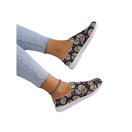 

Daeful Womens Flats Comfort Walking Shoes Floral Sneakers Driving Lightweight Non-slip Slip On Casual Shoe Black Skull Floral 9