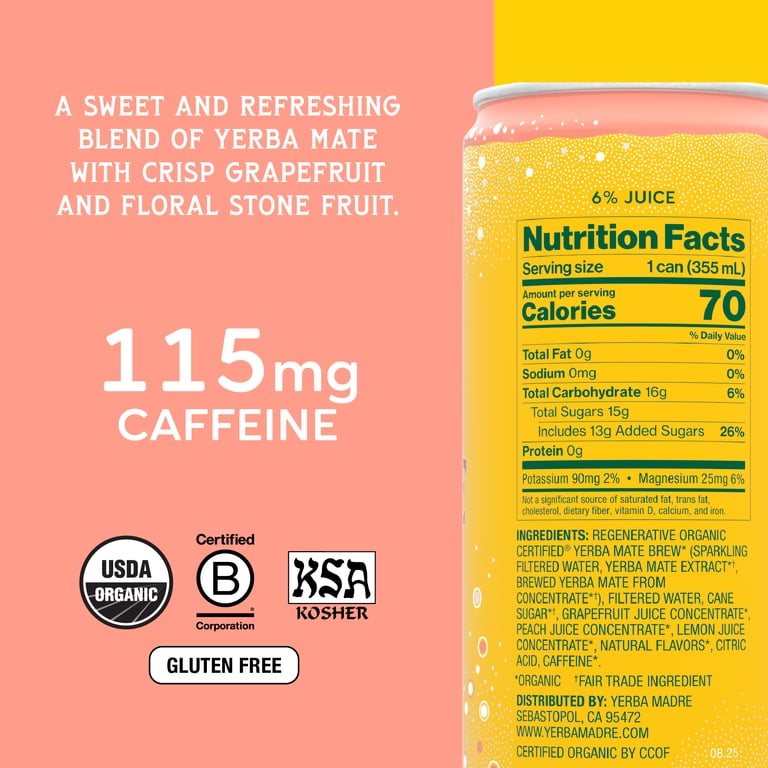 Yerba Madre Organic Sparkling Yerba Mate, Pink Grapefruit, Energy Drink Alternative, 115mg Natural Plant Based Caffeine, 12oz Cans (Pack of 12)