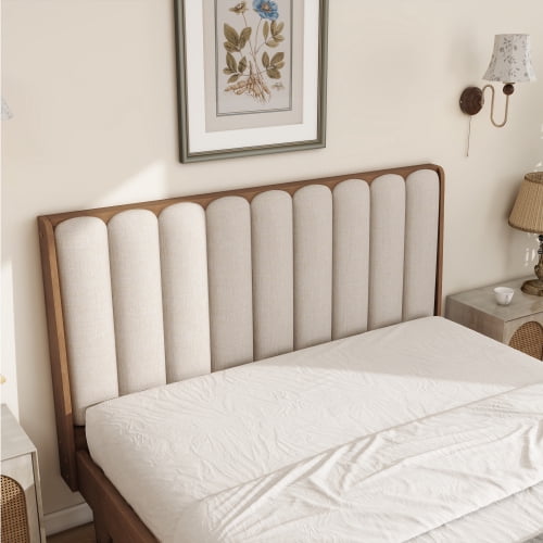 Queen Size Wheat Wood Bed with Piano Key Upholstered Headboard and Strengthened Bed Frame