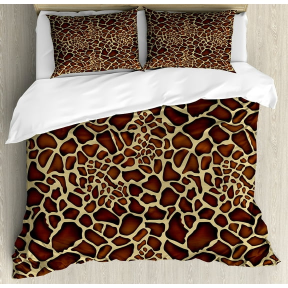 Zambia Duvet Cover Set, Giraffe Skin Pattern Wildlife Symbolic Zoo Hippie Style Picture, Decorative 3 Piece Bedding Set with 2 Pillow Shams, Queen Size, Redwood Pale Yellow, by Ambesonne