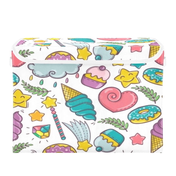 Sweet colorful doodle pattern Storage Bins, Foldable Cloth Basket, Cube Organizer with 2 Handles, Suitable for bedrooms, living rooms, wardrobes, and workspaces, With cover