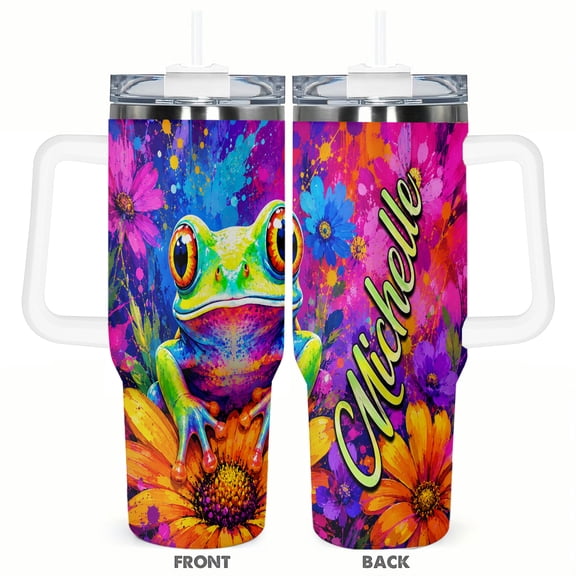 Colorful Frog Michelle Floral 40oz Insulated Tumbler with Handle and Straw Travel Coffee Cup Car Cup Gift for Women