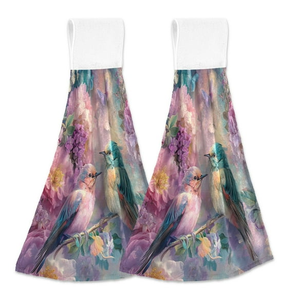 BZSMCE Hanging Hand Towels Fashion Birds Flowers and Butterflies Pattern 2-Pack - Velcro Style Bathroom Kitchen Towels