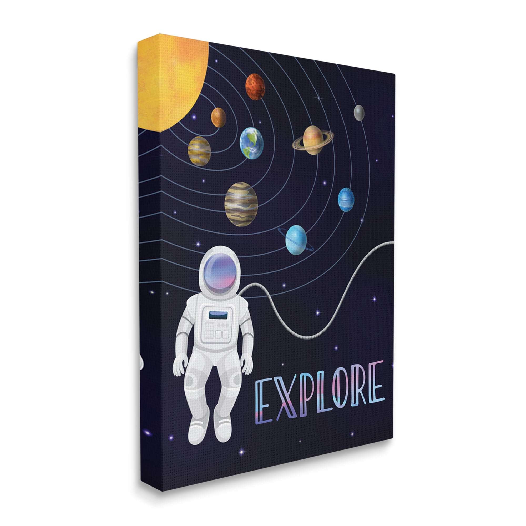 Stupell Industries Explore Outer Space Adventure Astronaut Among Planets Graphic Art Gallery Wrapped Canvas Print Wall Art, Design by Linda Birtel