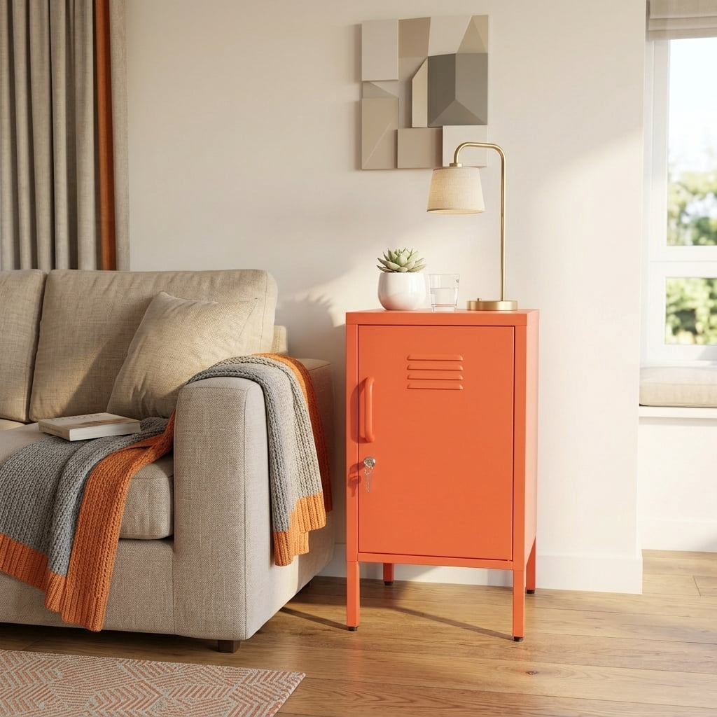 Leumius Small Metal Nightstand with Adjustable Shelf & Lockable Door,Modern Bedside Table End Table Side Cabinet for Bedroom,Living Room,Orange
